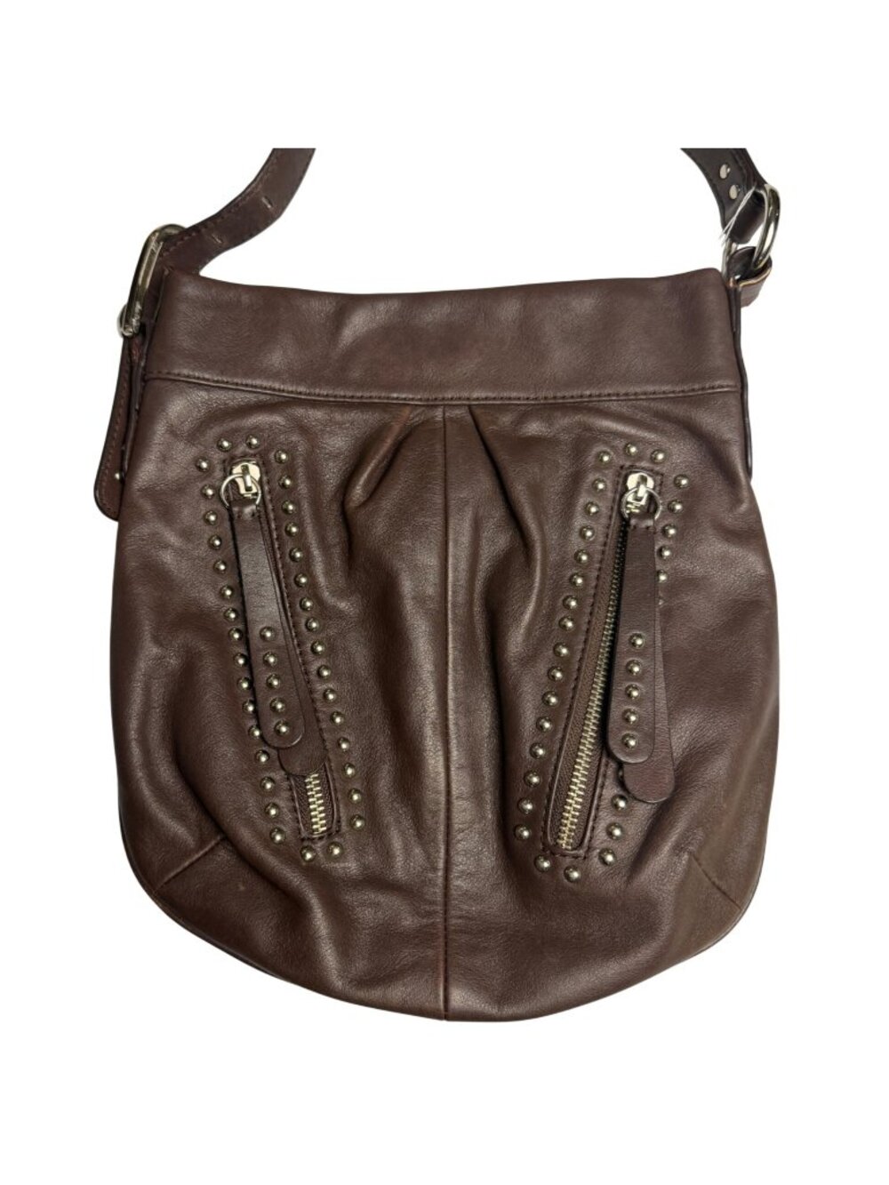 B. Makowsky Brown Leather Studded Crossbody Bag Zipper Accents Biker Boho